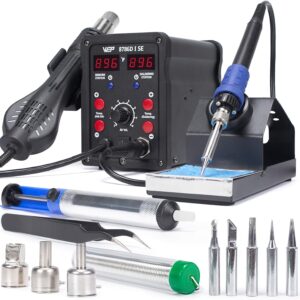 WEP 8786D-I SE Hot Air Soldering Iron Station Kit 2-IN-1 for Rework, Desoldering with Lead-Free Solder Wire, 5 Soldering Tips, 3 Hot Air Nozzles,Tweezers, Desoldering Pump